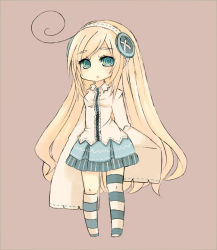 Rule 34 | arisugawa nanao, blonde hair, blue eyes, buttons, hairband, large buttons, long hair, long sleeves, skirt, solo, striped clothes, striped thighhighs, thighhighs