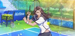 Rule 34 | 1boy, afterl!fe, ball, brown hair, dark-skinned male, dark skin, facing to the side, highres, kirr (afterl!fe), long hair, looking to the side, male focus, official art, playing sports, racket, second-party source, solo, tennis, tennis ball, tennis court, tennis racket, yellow eyes