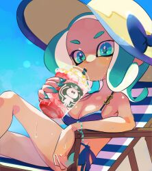 Rule 34 | 1girl, arm rest, bare shoulders, bikini, blue bikini, blue bow, blue bracelet, blue eyes, blue hair, blue nails, blue sky, bow, bracelet, breasts, cleavage, cup, dated commentary, deck chair, disposable cup, drinking, drinking straw, drinking straw in mouth, feet out of frame, hat, hat bow, holding, holding cup, jewelry, koike3582, logo parody, long hair, medium breasts, nintendo, octoling, octoling girl, octoling player character, on chair, side-tie bikini bottom, sitting, sky, solo, splatoon (series), sun hat, sweat, swimsuit, tentacle hair