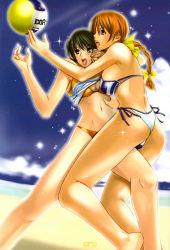 Rule 34 | 2girls, ass, ball, barefoot, beach, beach volleyball, bikini, black eyes, blush, braid, breasts, brown eyes, butt crack, day, dead or alive, feet, female focus, green hair, kasumi (doa), large breasts, leg between thighs, lei fang, long hair, multiple girls, navel, ohshima ryo, ooshima ryou, open mouth, orange hair, outdoors, side-tie bikini bottom, soles, striped bikini, striped clothes, swimsuit, tecmo, tongue, volleyball, volleyball (object), wedgie
