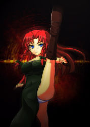 Rule 34 | 1girl, bad id, bad pixiv id, bare shoulders, blue eyes, boots, bow, braid, breasts, cleavage, doyouwantto, dress, female focus, fingerless gloves, gloves, gradient background, hair bow, high kick, hong meiling, kicking, large breasts, long hair, panties, pantyshot, red hair, side slit, solo, touhou, touhou hisoutensoku, twin braids, underwear
