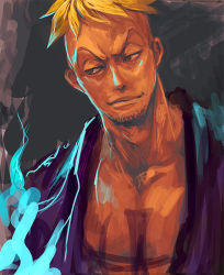 Rule 34 | 1boy, bad id, bad pixiv id, blonde hair, blue eyes, blue fire, dutch angle, fire, jolly roger, lips, looking away, male focus, marco (one piece), muscular, one piece, open clothes, open shirt, pirate, purple shirt, shirt, short hair, smile, smirk, solo, tattoo, tsuyomaru