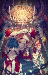 Rule 34 | 2girls, ascot, asymmetrical hair, bat wings, blonde hair, blood, blood on face, blood on clothes, blue hair, chain, crying, crying with eyes open, crystal, daikazoku63, dress, flandre scarlet, hat, hat ribbon, hug, mob cap, multiple girls, open mouth, pink dress, puffy sleeves, red eyes, remilia scarlet, ribbon, sash, shirt, short sleeves, siblings, side ponytail, sisters, skirt, skirt set, smile, tears, touhou, vest, wings, wrist cuffs