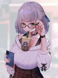 Rule 34 | 1girl, adjusting eyewear, alternate costume, black skirt, blue bow, bow, bracelet, braid, breasts, bubble tea, bubble tea challenge, cellphone, choker, collarbone, drink, glasses, green eyes, hair bow, highres, hololive, iphone 11 pro, jewelry, large breasts, looking at viewer, mikan (chipstar182), off shoulder, phone, plaid, plaid skirt, ribbed sweater, shirogane noel, shirogane noel (casual), shirt tucked in, short hair, silver hair, simple background, skirt, smartphone, solo, strap, sweater, virtual youtuber, white sweater