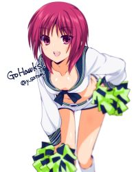Rule 34 | 10s, 1girl, angel beats!, breasts, cheerleader, cleavage, crop top, iwasawa masami, leaning forward, looking at viewer, midriff, national football league, open mouth, pom pom (cheerleading), red eyes, red hair, sailor collar, satomi yoshitaka, seattle seahawks, short hair, short shorts, shorts, simple background, solo, standing, thigh gap, white background