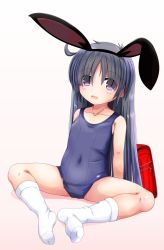 Rule 34 | 1girl, absurdres, ahoge, animal ears, arms behind back, backpack, bag, black hair, blue one-piece swimsuit, rabbit ears, cameltoe, commentary request, covered navel, damubomu, eyes visible through hair, fake animal ears, hair over eyes, hairband, highres, knees apart feet together, legs, long hair, old school swimsuit, one-piece swimsuit, open mouth, original, pink eyes, randoseru, school swimsuit, simple background, smile, socks, solo, spread legs, swimsuit, thighs, white background, white footwear