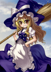 Rule 34 | 1girl, absurdres, blonde hair, blush, broom, female focus, gradient background, grin, hand on own hip, hat, highres, hip focus, kirisame marisa, long hair, outdoors, skirt, sky, smile, solo, soraneko+, touhou, witch, witch hat, yellow eyes