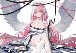 Rule 34 | 1girl, angel wings, azur lane, black ribbon, breasts, cleavage, detached collar, dress, frilled dress, frills, headdress, highres, holding, horz, jewelry, long hair, necklace, perseus (azur lane), pink eyes, pink hair, pink ribbon, ribbon, solo, thighhighs, twintails, very long hair, wings