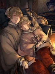 Rule 34 | 1boy, 1girl, ai-wa, black bow, black hairband, blonde hair, book, bow, brother and sister, chair, closed mouth, elise (fire emblem), closed eyes, fire emblem, fire emblem fates, fireplace, hair bow, hairband, leo (fire emblem), long hair, long sleeves, nintendo, open book, short hair, siblings, sitting, sleeping, twintails