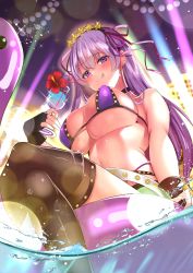 Rule 34 | 1girl, abi (abimel10), bb (fate), bb (fate) (all), bb (swimsuit mooncancer) (fate), bb (swimsuit mooncancer) (second ascension) (fate), bikini, bikini top only, bird, black thighhighs, breasts, choker, cleavage, collar, crossed legs, fate/grand order, fate (series), flamingo, glass, gloves, hair ribbon, hairband, highres, in water, large breasts, licking lips, looking at viewer, looking down, navel, purple bikini, purple eyes, purple hair, ribbon, seductive smile, smile, solo, swimsuit, thighhighs, tongue, tongue out, underboob