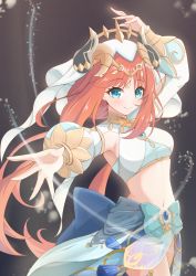 Rule 34 | 1girl, arm up, breasts, brooch, closed mouth, cowboy shot, crop top, detached sleeves, forehead jewel, foreshortening, genshin impact, gold trim, highres, horns, jewelry, long hair, looking at viewer, magna art, navel, neck ring, nilou (genshin impact), outstretched hand, red hair, skirt, small breasts, smile, solo, stomach, thighs, twintails, veil, vision (genshin impact)