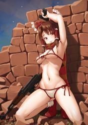 Rule 34 | 1girl, ak-47, arm up, armpits, assault rifle, bikini, blush, bow, breasts, brown eyes, brown hair, brown scarf, commentary, frilled bow, frills, front-tie bikini top, front-tie top, groin, gun, hair bow, hair tubes, hakurei reimu, handgun, highres, holding, holding gun, holding weapon, hundred-jpy, kalashnikov rifle, looking at viewer, medium breasts, navel, outdoors, parted lips, pistol, red bow, red footwear, red scarf, rifle, scarf, seiza, shadow, shoes, short hair, side-tie bikini bottom, sidelocks, sitting, socks, solo, stomach, stone wall, striped clothes, striped scarf, swimsuit, symbol-only commentary, thighs, touhou, wall, weapon, white bikini, white socks