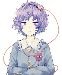 Rule 34 | 1girl, :|, bad id, bad pixiv id, blouse, blue shirt, closed mouth, collar, collared shirt, commentary request, crossed arms, flat chest, frilled collar, frills, hairband, heart, jitome, komeiji satori, looking at viewer, messy hair, purple eyes, purple hair, ribbon-trimmed collar, ribbon trim, shirt, short hair, simple background, solo, string, third eye, touhou, upper body, uranaishi (miraura), white background
