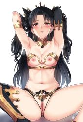 Rule 34 | 1girl, anklet, armlet, armpits, asymmetrical legwear, bare shoulders, black hair, blush, breastless clothes, breasts, bridal gauntlets, clitoris, crotchless, crown, detached collar, earrings, elbow gloves, fate/grand order, fate (series), gloves, gold trim, groin, hair ribbon, highres, hoop earrings, ishtar (fate), jewelry, long hair, looking at viewer, medium breasts, navel, neck ring, nipples, parted bangs, pussy, red eyes, ribbon, simple background, single elbow glove, single thighhigh, sitting, smile, solo, stomach, thighhighs, two side up, uncensored, uneven legwear, white background, xter