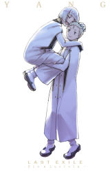 Rule 34 | 2boys, arm slit cape, artist name, bob cut, boots, carrying, character name, copyright name, couple, dio eraclea, closed eyes, forehead jewel, hug, last exile, lucciola, multiple boys, robe, short hair, white cape, white hair, yang niangniang
