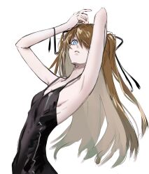 Rule 34 | 1girl, absurdres, armpits, arms up, black dress, black ribbon, blue eyes, breasts, dress, from side, gawako, hair ribbon, highres, leaning back, long hair, looking at viewer, neon genesis evangelion, parted lips, ribbon, sketch, sleeveless, sleeveless dress, small breasts, solo, souryuu asuka langley, two side up, upper body, very long hair, white background