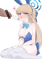 Rule 34 | 1girl, absurdres, animal ears, aqua bow, aqua bowtie, bar censor, bare shoulders, blue archive, blue eyes, blue hairband, blue leotard, blush, bow, bowtie, breasts, censored, cum, cum on body, cum on breasts, cum on upper body, detached collar, earpiece, facial, fake animal ears, fake tail, full-face blush, hairband, halo, heart, highres, kumari2311, leotard, long hair, looking at another, medium breasts, nipples, official alternate costume, one breast out, open mouth, penis, playboy bunny, rabbit ears, rabbit tail, sitting, solo, spoken heart, strapless, strapless leotard, sweat, tail, thighhighs, toki (blue archive), toki (bunny) (blue archive), wariza, white background, white thighhighs