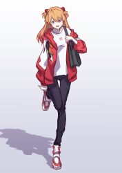 Rule 34 | 1girl, alternate costume, blue eyes, blush, breasts, brown hair, casual, highres, interface headset, jacket, ka ki o, long hair, looking at viewer, neon genesis evangelion, official alternate costume, open mouth, shoes, skin tight, small breasts, sneakers, solo, souryuu asuka langley, standing, standing on one leg, tsundere, two side up, very long hair, white background, wide hips