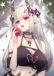Rule 34 | 1girl, absurdres, apple, arknights, blunt bangs, breasts, cleavage, food, fruit, highres, holding, holding food, holding fruit, horns, infection monitor (arknights), large breasts, leria v, long hair, looking at viewer, mudrock (arknights), mudrock (silent night) (arknights), official alternate costume, open mouth, pointy ears, red eyes, solo, white hair
