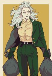 Rule 34 | 1girl, absurdres, belt, blazer, breasts, buckle, buttons, collared shirt, dorohedoro, dress shirt, earrings, florencia, formal, gloves, green jacket, high-waist pants, highres, jacket, jewelry, large breasts, long hair, looking to the side, messy hair, noi (dorohedoro), open mouth, pants, red eyes, shirt, simple background, pants, smile, star (symbol), suit, tan shirt, trash bag, walking, white background, white hair, yellow background