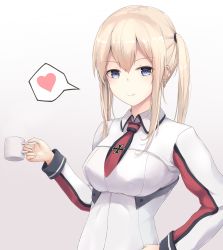 Rule 34 | 1girl, blonde hair, blue eyes, breasts, closed mouth, cup, gradient background, graf zeppelin (kancolle), hair between eyes, hand on own hip, heart, jenson tw, kantai collection, large breasts, long hair, long sleeves, looking at viewer, military, military uniform, necktie, side ponytail, smile, spoken heart, uniform