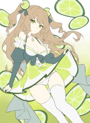 Rule 34 | 1girl, bad id, bad pixiv id, bare shoulders, blue shirt, breasts, brown hair, cleavage, collarbone, commentary request, detached sleeves, food, food-themed clothes, fruit, gluteal fold, green eyes, green skirt, head tilt, jewelry, juliet sleeves, lime (fruit), lime slice, long hair, long sleeves, looking at viewer, medium breasts, original, panties, pendant, puffy sleeves, shirt, skirt, sleeveless, sleeveless shirt, sleeves past wrists, solo, sora 72-iro, thighhighs, two side up, underwear, very long hair, white panties, white thighhighs