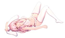 Rule 34 | 1girl, animal ears, arm up, bad id, bad twitter id, bare arms, bare shoulders, blush, bra, breasts, bunny rina, cleavage, closed mouth, commentary, english commentary, frilled panties, frills, from side, garter straps, highres, indie virtual youtuber, knees up, large breasts, long hair, looking at viewer, looking to the side, mismatched underwear, navel, no shoes, ontaba, panties, pink eyes, pink hair, pink panties, rabbit ears, simple background, smile, solo, stomach, thighhighs, underwear, underwear only, very long hair, virtual youtuber, white background, white bra, white thighhighs