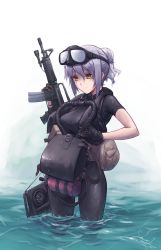 Rule 34 | 1girl, assault rifle, backpack, bag, bodysuit, breasts, compass, diving mask, diving mask on head, diving suit, gloves, goggles, goggles on head, gun, large breasts, long hair, m4 carbine, military operator, nightmaremk2, original, partially submerged, ponytail, purple hair, randoseru, rifle, scuba, shirt, skin tight, solo, standing, taut clothes, taut shirt, wading, water, weapon, wet, wetsuit, yellow eyes, zipper