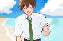 Rule 34 | 1boy, arm at side, beach, belt, breast pocket, chinese commentary, closed eyes, cloud, collared shirt, commentary request, dress shirt, ensemble stars!, facing viewer, fingernails, green necktie, highres, male focus, morisawa chiaki, necktie, ocean, open collar, open mouth, oshi cutepm, outdoors, outstretched arm, pocket, shirt, short hair, short sleeves, smile, solo, upper body, white shirt