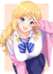 Rule 34 | 1girl, :d, artist name, blonde hair, blue bow, blue bowtie, blue eyes, blue skirt, blurry, blurry background, blush, bow, bowtie, breasts, cardigan, collarbone, commentary request, highres, idolmaster, idolmaster cinderella girls, idolmaster cinderella girls starlight stage, jacket, large breasts, leaning forward, long hair, long sleeves, looking at viewer, namidako, off shoulder, ohtsuki yui, open clothes, open mouth, pink cardigan, shirt, shirt tucked in, skirt, smile, solo, striped bow, striped bowtie, striped clothes, striped neckwear, teeth, two-tone neckwear, upper teeth only, v, v over eye, white shirt