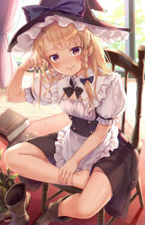Rule 34 | 1girl, apron, black bow, black bowtie, black hat, black skirt, blonde hair, blush, book, boots, bow, bowtie, braid, brown eyes, brown footwear, chair, commentary request, curtains, frilled apron, frilled shirt collar, frills, grin, hair bow, hand up, hat, hat bow, highres, indoors, kirisame marisa, long hair, looking at viewer, miniskirt, nail polish, oborofu, puffy short sleeves, puffy sleeves, purple bow, purple nails, shirt, short sleeves, single braid, sitting, skirt, smile, solo, touhou, waist apron, white apron, white shirt, witch hat