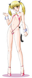 Rule 34 | 1boy, androgynous, animal ears, baran (artist), bell, blonde hair, cat ears, cat tail, choker, crossdressing, cuffs, flaccid, high heels, jingle bell, legs, long hair, long legs, looking at viewer, male focus, navel, penis, simple background, slingshot swimsuit, small penis, solo, standing, swimsuit, tail, thighs, trap, tray, twintails, white background, wrist cuffs