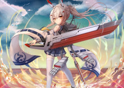 Rule 34 | 1girl, ayanami (azur lane), azur lane, bandaid, bandaid on arm, bare shoulders, blue sky, bubble, chinese commentary, cloud, commentary request, detached sleeves, evening, expressionless, from behind, headgear, holding, holding sword, holding weapon, kana (kuaua), long hair, long sleeves, looking at viewer, looking back, ocean, orange eyes, platinum blonde hair, pleated skirt, ponytail, retrofit (azur lane), rigging, rudder footwear, sailor collar, sidelocks, skirt, sky, solo, standing, standing on liquid, star (sky), sword, thighhighs, torpedo, torpedo launcher, torpedo tubes, weapon, white thighhighs, wide sleeves