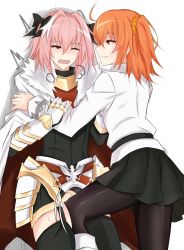 Rule 34 | 1boy, 1girl, ahoge, astolfo (fate), bad id, bad twitter id, ball busting, bdsm, black pantyhose, black skirt, black thighhighs, bow, cape, cbt, fang, fate/apocrypha, fate/grand order, fate (series), femdom, frottage, fujimaru ritsuka (female), garter straps, grabbing, hair bow, hair ornament, hair scrunchie, hetero, leg up, looking at another, one eye closed, open mouth, orange hair, pantyhose, parted lips, pink hair, purple eyes, scrunchie, side ponytail, skirt, smile, thighhighs, thighs, trap, watarase piro, yellow eyes