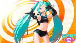 Rule 34 | 1girl, aqua eyes, aqua hair, bad id, bad pixiv id, cosplay, crossover, elbow gloves, gahon, gloves, hatsune miku, headset, midriff, navel, one eye closed, open mouth, pointing, project diva, project diva (series), short shorts, shorts, smile, solo, space channel, space channel 5, twintails, ulala, ulala (cosplay), v, vocaloid, wink