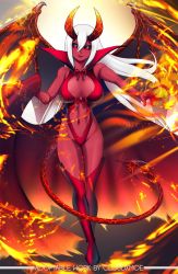 Rule 34 | 1girl, boots, breasts, burning, center opening, cleavage, cloudxmoe, colored skin, commentary, demon girl, demon horns, demon tail, demon wings, english text, fire, full body, high collar, highres, horns, large breasts, leotard, long hair, looking at viewer, navel, original, pointy ears, purple eyes, red leotard, red skin, red thighhighs, revealing clothes, smile, solo, standing, tail, thigh boots, thighhighs, white hair, wings