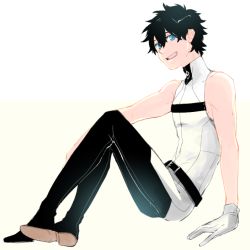 Rule 34 | 1boy, adapted costume, black hair, blue eyes, fate/grand order, fate (series), fujimaru ritsuka (male), gloves, looking at viewer, male focus, open mouth, shirt, simple background, sitting, sleeveless, sleeveless shirt, smile, solo, t3run, white background, white gloves