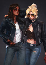 Rule 34 | 2girls, absurdres, arm around shoulder, blonde hair, blue eyes, breasts, brown hair, casual, choker, commentary, crop top, dark-skinned female, dark skin, denim, ear piercing, english commentary, eye of horus, facial tattoo, grey background, hand in pocket, highres, jacket, jeans, jewelry, leather, leather jacket, lips, looking at viewer, medium breasts, medium hair, mercy (overwatch), monori rogue, multiple girls, navel, nose, open clothes, open jacket, overwatch, overwatch 1, pants, pendant, pharah (overwatch), piercing, ponytail, ray-ban, ring, sunglasses, tattoo, zipper