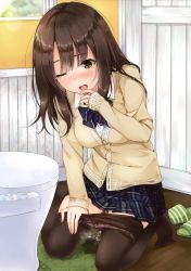Rule 34 | 1girl, absurdres, bekotarou, blush, brown hair, carpet, clothes pull, crying, crying with eyes open, have to pee, highres, long hair, one eye closed, open mouth, original, panties, panty pull, pantyhose, pantyhose pull, pee, peeing, peeing self, puddle, purposeful wetting, school uniform, solo, sweater, tears, unasaka ryou, underwear, yellow eyes