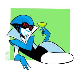 Rule 34 | 1girl, blue gloves, blue skin, colored skin, cup, deltarune, drink, drinking glass, english text, eyelashes, gloves, highres, holding, holding drink, jaliet exe, lying, open mouth, queen (deltarune), signature, simple background, smile, solo, visor