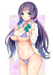 Rule 34 | 10s, 1girl, aqua eyes, bikini, blush, breasts, card, cleavage, dress shirt, holding, holding card, kaguyuzu, large breasts, long hair, looking at viewer, love live!, love live! school idol project, md5 mismatch, navel, neck ribbon, open clothes, parted lips, purple bikini, purple hair, resolution mismatch, ribbon, scrunchie, shirt, solo, source larger, star (symbol), swimsuit, tojo nozomi, twintails, very long hair