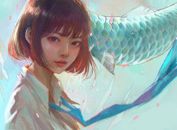 Rule 34 | 1girl, blue necktie, bob cut, brown eyes, brown hair, collared shirt, fish, floating neckwear, flying fish, from side, looking at viewer, looking to the side, necktie, original, parted lips, pink lips, school uniform, shirt, smile, solo, upper body, wataboku, white shirt, wing collar