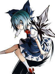 Rule 34 | 1girl, blue dress, blue eyes, blue hair, bow, cirno, dress, hair bow, ice, ice wings, kozou (soumuden), looking at viewer, matching hair/eyes, mouth hold, popsicle, puffy sleeves, red eyes, short sleeves, sitting, solo, touhou, wings