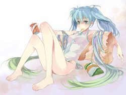Rule 34 | 1girl, aqua eyes, armpits, bad id, bad pixiv id, barefoot, blue hair, bottomless, can, chips (food), chips (food), feet, food, gradient hair, hatsune miku, long hair, mouth hold, multicolored hair, necktie, pillow, platinumcorundum, sitting, solo, twintails, very long hair, vocaloid
