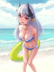 Rule 34 | 1girl, arms behind back, bare shoulders, beach, bikini, blue bikini, breasts, cleavage, cloud, cloudy sky, collarbone, colored eyelashes, day, fate/grand order, fate (series), frilled bikini, frills, highres, horizon, horns, innertube, kafkasea, kiyohime (fate), kiyohime (swimsuit lancer) (third ascension) (fate), knees together feet apart, leaning forward, long hair, medium breasts, navel, outdoors, red eyes, shore, silver hair, sky, solo, stomach, swim ring, swimsuit, thigh gap, very long hair