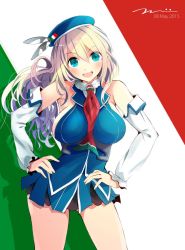 Rule 34 | 1girl, adapted costume, alternate costume, atago (kancolle), blonde hair, blue eyes, breasts, cosplay, dated, detached sleeves, dress, female focus, hands on own hips, hat, italian flag, jpeg artifacts, kantai collection, large breasts, littorio (kancolle) (cosplay), littorio (kancolle), long hair, miniskirt, roma (kancolle), skirt, solo, tebi (tbd11)