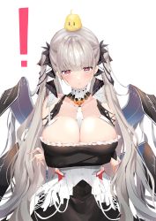 Rule 34 | !, 1girl, absurdres, arms under breasts, azur lane, bare shoulders, between breasts, black dress, blush, breasts, cleavage, cowboy shot, dress, earrings, flight deck, formidable (azur lane), frilled dress, frills, grey hair, hair ribbon, highres, hoerutarou, jewelry, large breasts, long hair, long sleeves, looking at viewer, manjuu (azur lane), pouty lips, red eyes, ribbon, rigging, simple background, solo, tearing up, twintails, two-tone dress, two-tone ribbon, very long hair, white background