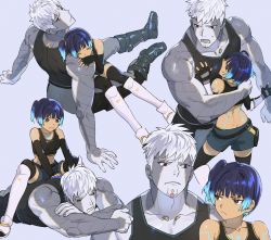 Rule 34 | 1boy, 1girl, between breasts, blue hair, breasts, chest jewel, couple, elbow gloves, face between breasts, fiery hair, fingerless gloves, gloves, hand on another&#039;s chest, head between breasts, highres, hug, lanz (xenoblade), large pectorals, massage, metal skin, pectorals, ren you (iiinununu), sena (xenoblade), short shorts, shorts, side ponytail, sitting, sitting on lap, sitting on person, sleeveless, straddling, tank top, white hair, xenoblade chronicles (series), xenoblade chronicles 3