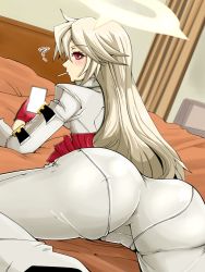 Rule 34 | 1girl, ass, bed, belt, bodysuit, cellphone, spiked halo, gii (claustrophobia222), gloves, guilty gear, halo, jack-o&#039; valentine, long hair, looking back, phone, red eyes, smartphone, solo, white bodysuit, white hair