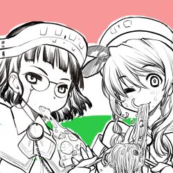 Rule 34 | 2girls, blunt bangs, blush, eating, eyewear strap, feathers, flag, flag background, food, food in mouth, food on face, glasses, greyscale, hair between eyes, headdress, highres, italian flag, kagesaki yuna, kantai collection, littorio (kancolle), long hair, monochrome, multiple girls, noodles, one eye closed, pasta, pince-nez, roma (kancolle), short hair, simple background, sketch